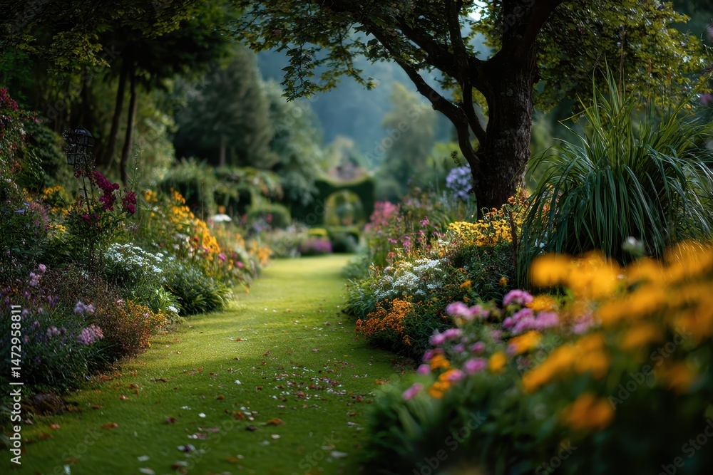 Fototapeta premium A picturesque garden path lined with vibrant flowers.