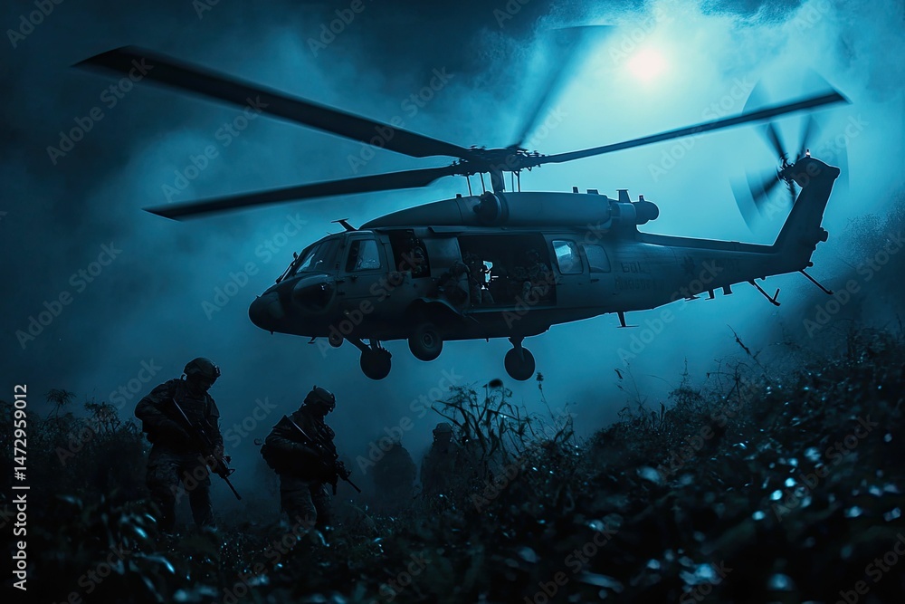 Naklejka premium Nighttime helicopter extraction; soldiers, foggy landscape.