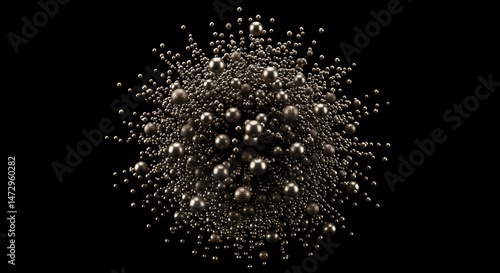 Abstract Metallic Sphere Composed of Many Small Metallic Balls on Black Dark Background