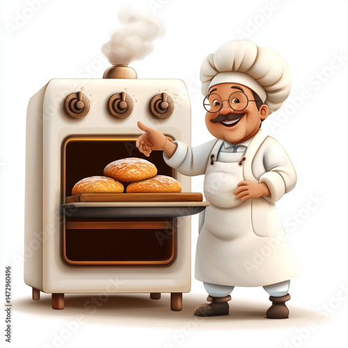 A cheerful cartoon baker shows off fresh-baked bread coming out of the oven, with steam rising up.