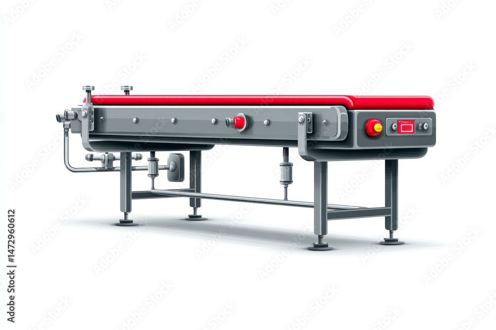 Industrial Conveyor Belt System with Red Surface and Control Panel for Manufacturing Processes Industrial Conveyor Belt System with Red Surface and Control Panel for Manufacturing Processes