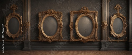 Luxurious damask backdrop with assorted vintage frames , vintage style, retro, gold