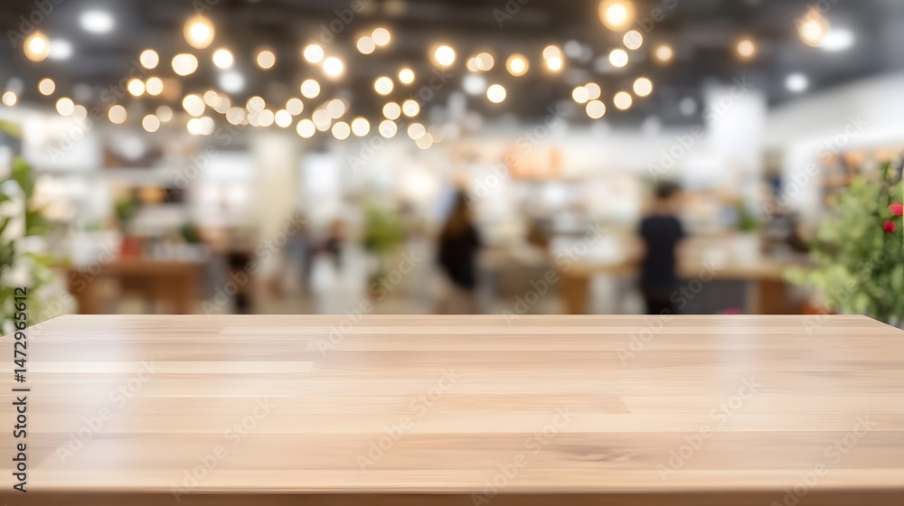 Fototapeta premium Empty Wooden Table in Blurred Modern Cafe Background