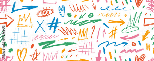 Colorful childish seamless pattern with crayon drawn shapes, scribbles and doodles.
