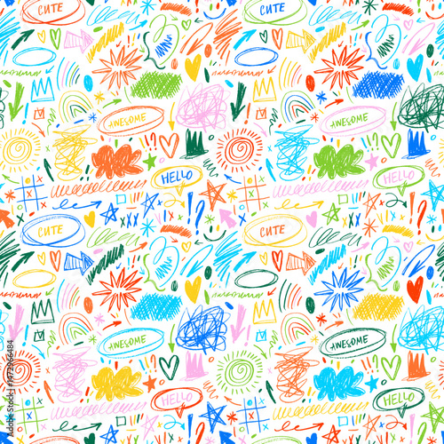 Colorful childish seamless pattern with quirky and funky shapes, lines and doodles. Crayon drawn punk background.