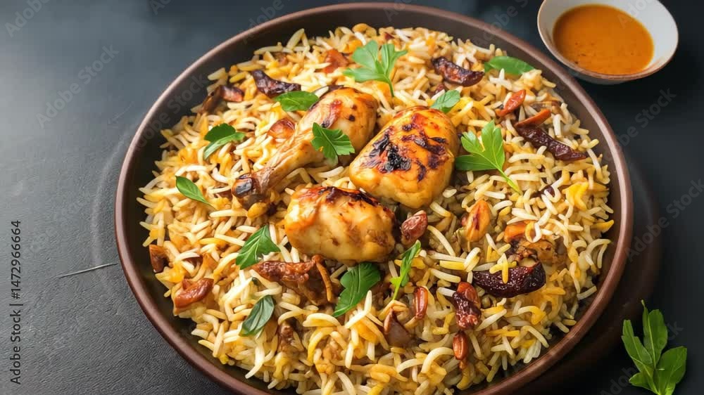 Golden Chicken Biryani Delight: A beautifully plated Chicken Biryani, showcasing tender chicken pieces atop fragrant rice and garnished with fresh herbs, evoking culinary tradition and deliciousness. Golden Chicken Biryani Delight: A beautifully plated Chicken Biryani, showcasing tender chicken pieces atop fragrant rice and garnished with fresh herbs, evoking culinary tradition and deliciousness.