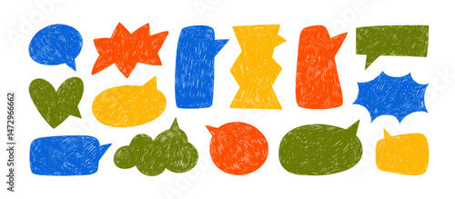 Colorful crayon drawn funky speech bubble silhouettes. Hand drawn vector talk balloons in comic sketch style. Grunge pencil or chalk texture. Doodle dialog balloon elements collection.