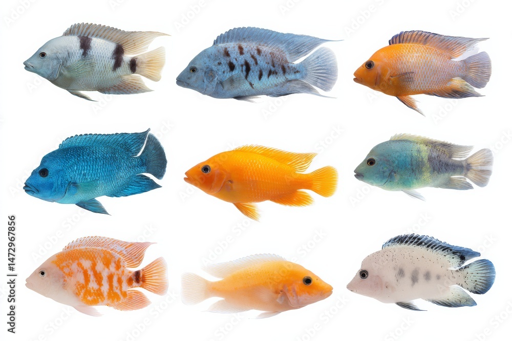 Naklejka premium fish collection, many different species of fish, with copy space.