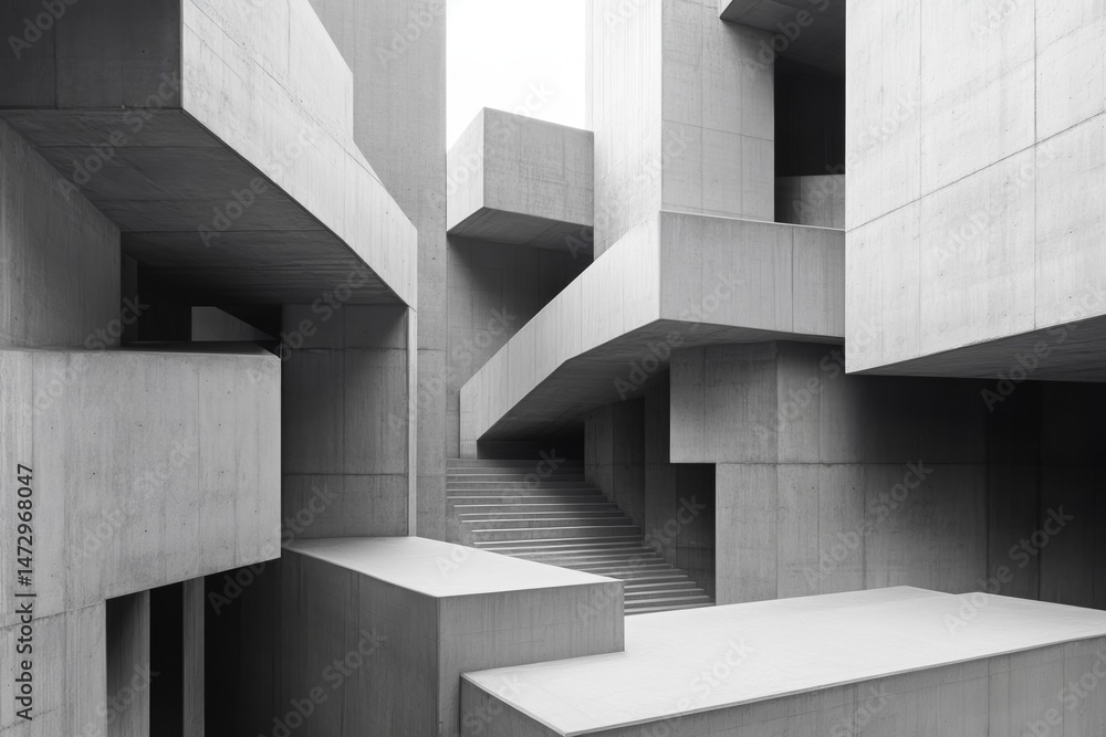 Concrete architecture featuring geometric shapes and staircase with modern minimalist design in urban abstract outdoor setting. Concrete architecture featuring geometric shapes and staircase with modern minimalist design in urban abstract outdoor setting.