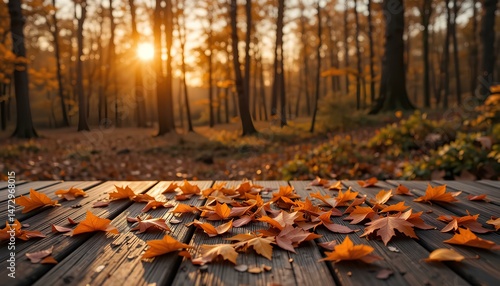 Autumn Forest Leaves on Wooden Deck