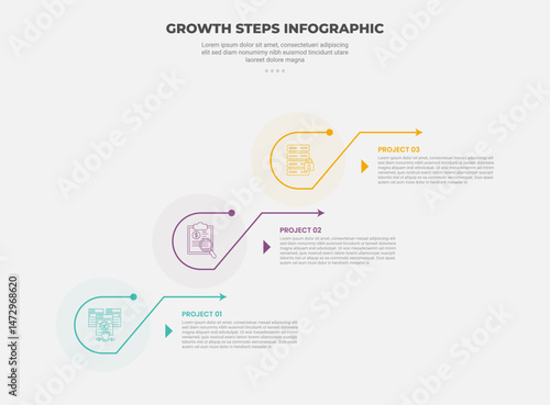 growth steps journey concept infographic outline style with 3 point template with transparent circle with arrow line dot connection for slide presentation