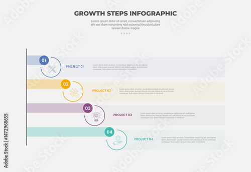 growth steps journey concept infographic outline style with 4 point template with big circle and horizontal long progress rectangle for slide presentation