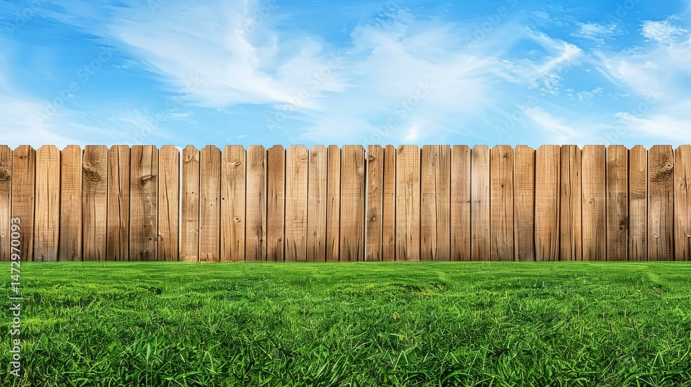 Fototapeta premium A sturdy wooden garden fence complements vibrant green grass, creating a serene outdoor escape under a bright blue sky.
