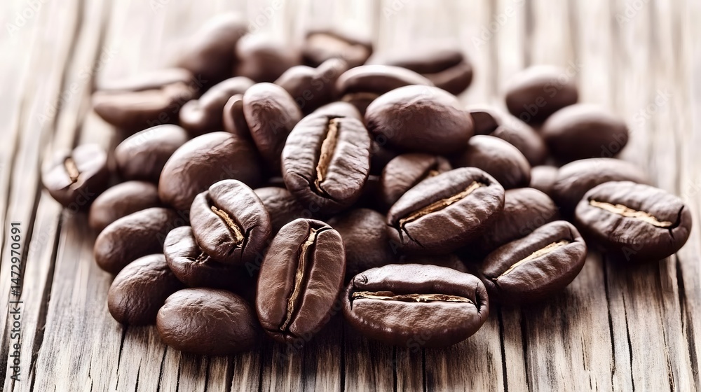 Naklejka premium Roasted Coffee Beans Close Up on Wooden Background