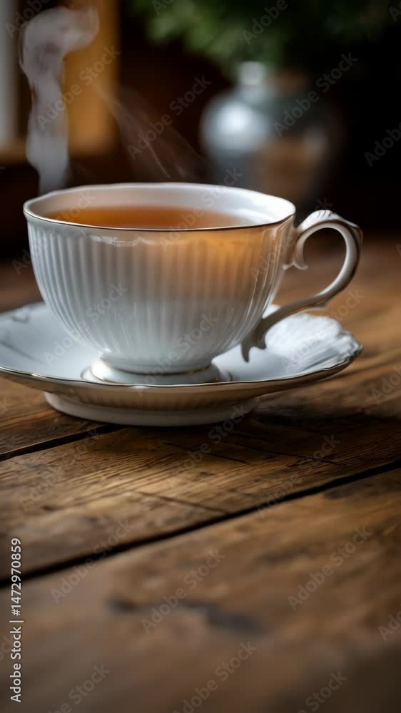 Steaming cup of tea, elegant porcelain teacup, hot beverage on wooden table with light from window, cozy and refreshing break Steaming cup of tea, elegant porcelain teacup, hot beverage on wooden table with light from window, cozy and refreshing break