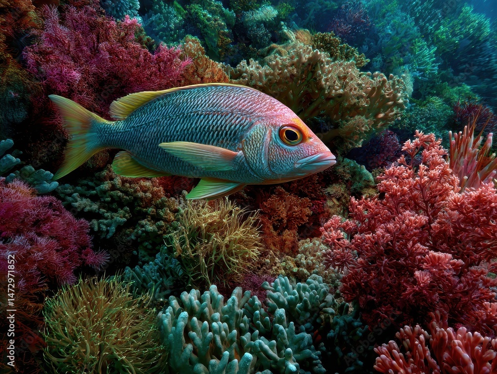 Vibrant coral reef scene with a fish. Vibrant coral reef scene with a fish.