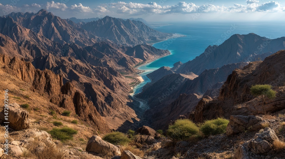 Naklejka premium Scenic panorama of a canyon valley stretching to the sea, capturing nature's beauty in vibrant detail.