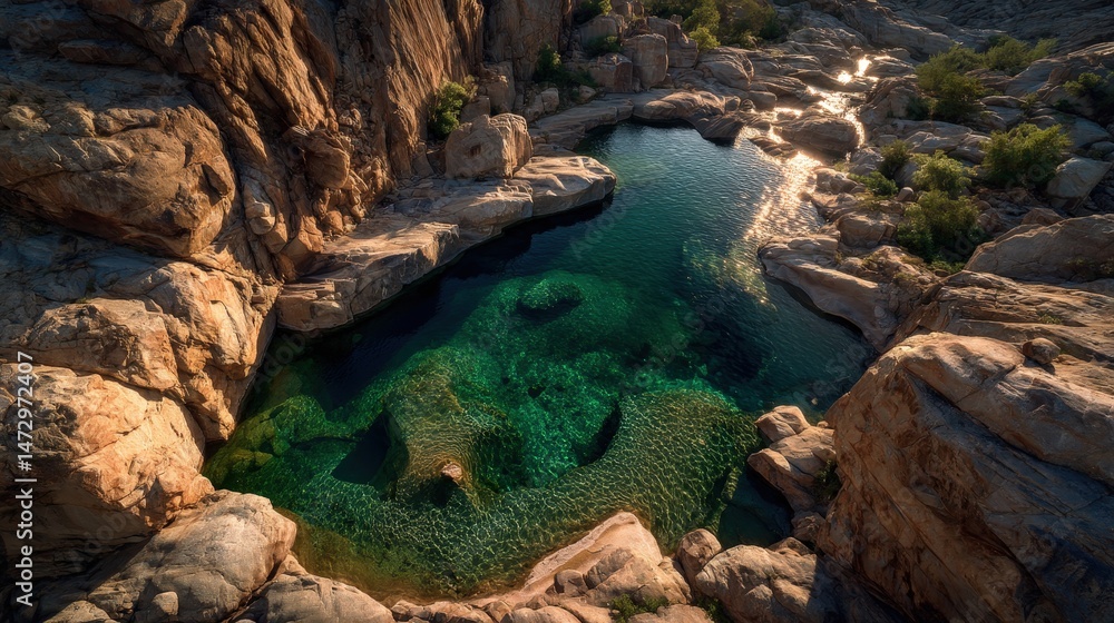 A serene green pool surrounded by rocky terrain, showcasing a captivating top view of an idyllic natural landscape. A serene green pool surrounded by rocky terrain, showcasing a captivating top view of an idyllic natural landscape.