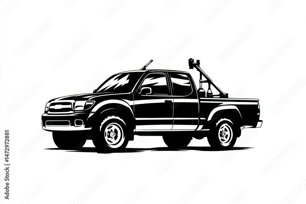 Fototapeta premium A black and white illustration of a pickup truck with a tow hitch ideal for automotive transp
