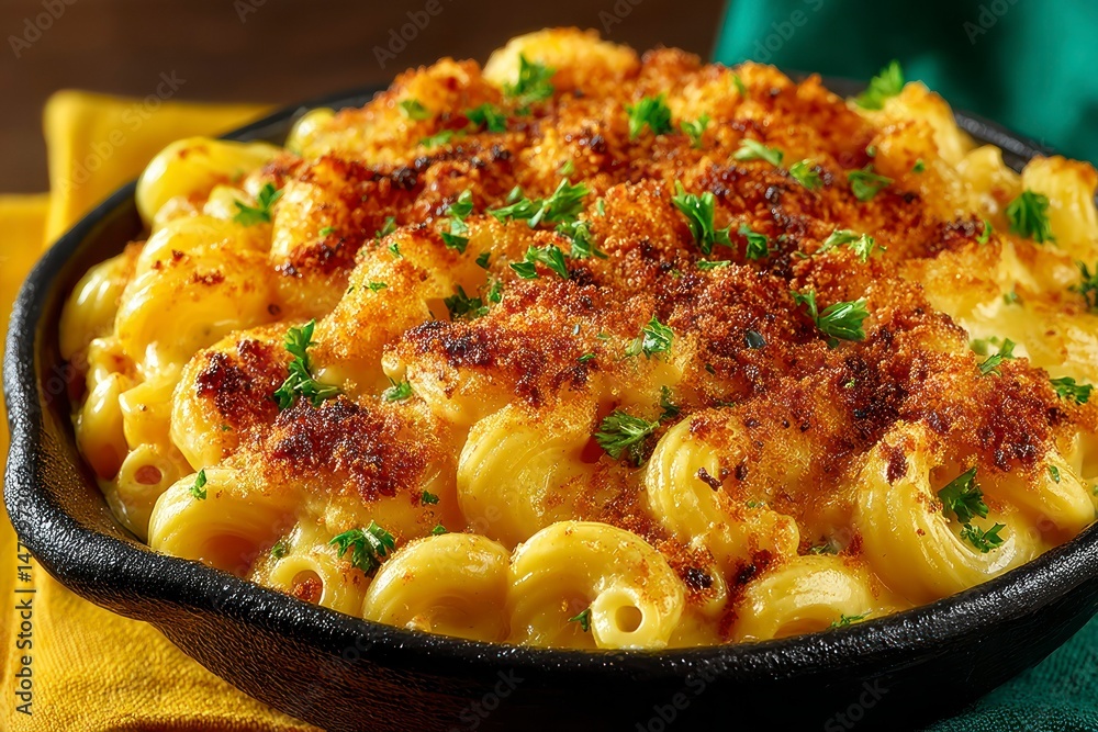 Delicious Baked Macaroni and Cheese with Crispy Topping and Fresh Herbs in a Cast Iron Dish Delicious Baked Macaroni and Cheese with Crispy Topping and Fresh Herbs in a Cast Iron Dish