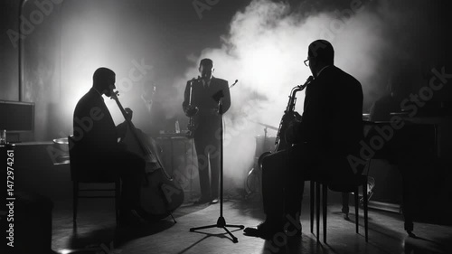 A captivating black and white scene of jazz musicians performing, highlighting the artistry and emotional depth of live music in a smoky atmosphere, evoking nostalgia and passion.