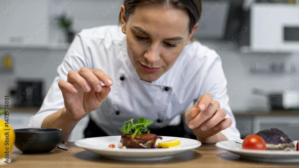 Young Female Chef Plating Food with Artistic Precision at Home
Young Female Chef Plating Food with Artistic Precision at Home