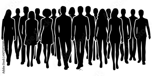 Silhouettes of Diverse People in Various Poses, features two rows of black silhouettes depicting a diverse group of people in various poses