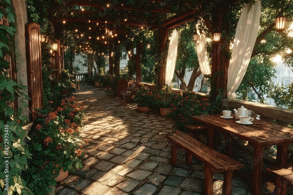 Fototapeta premium Charming Outdoor Cafe with Cobblestone Path Lush Greenery and Cozy Seating Area