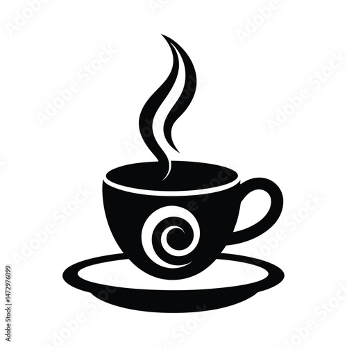 Black and white vector illustration of a coffee cup with steam on a saucer design