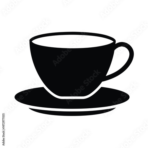 Simple black silhouette illustration of coffee cup and saucer isolated on white background