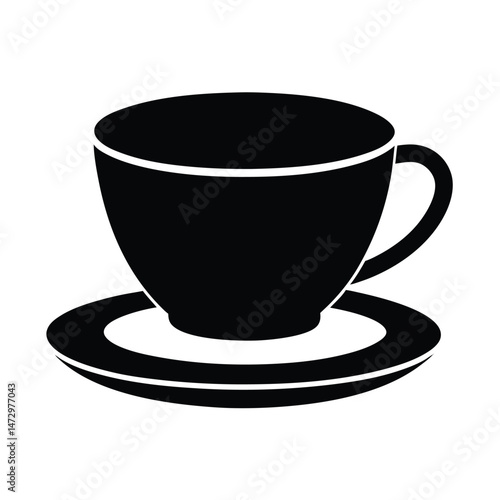 A simple black and white silhouette of a coffee cup and saucer isolated on white background