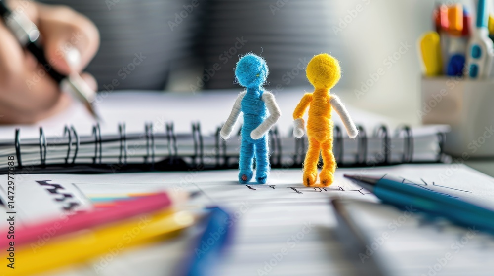 Obraz premium Stick Figure Collaborating on a Project: Two stick figures discussing ideas and collaborating on a project, sitting side by side at a desk to ensure success.