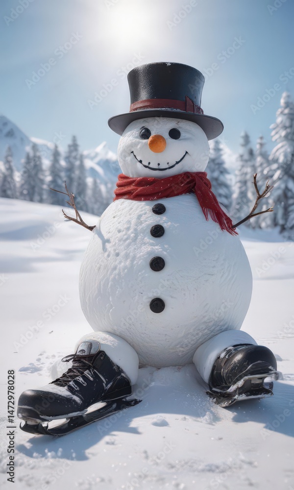 Fototapeta premium Frosty snowman amidst untouched snow; snowboard & ice skates scattered , icy, snowy landscape, ice