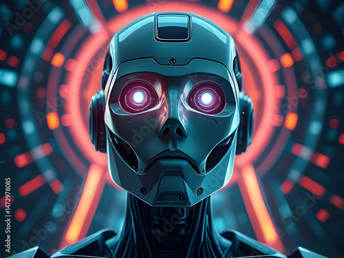 A humanoid robot with an empty, expressionless look stands against a futuristic background filled with cold lights and sleek, high-tech structures