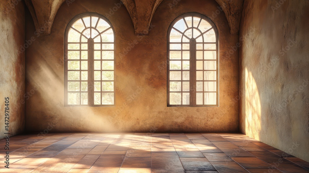 Fototapeta premium Empty room with arched windows and sunlight