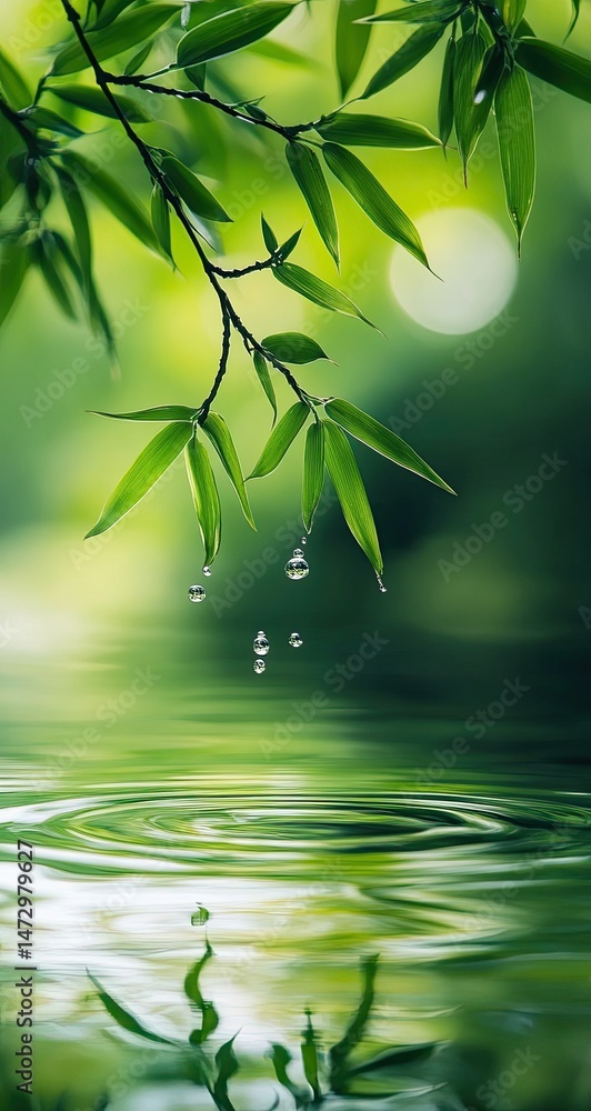 Obraz premium Delicate bamboo leaves, raindrops, and ripples on tranquil water