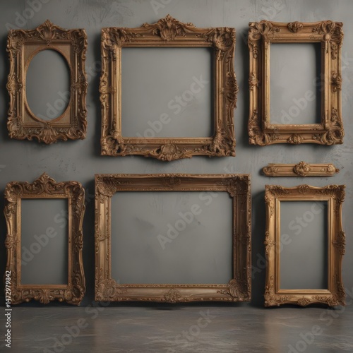 Empty ornate frames, diverse sizes, on textured background, graphic design, visual, decoration