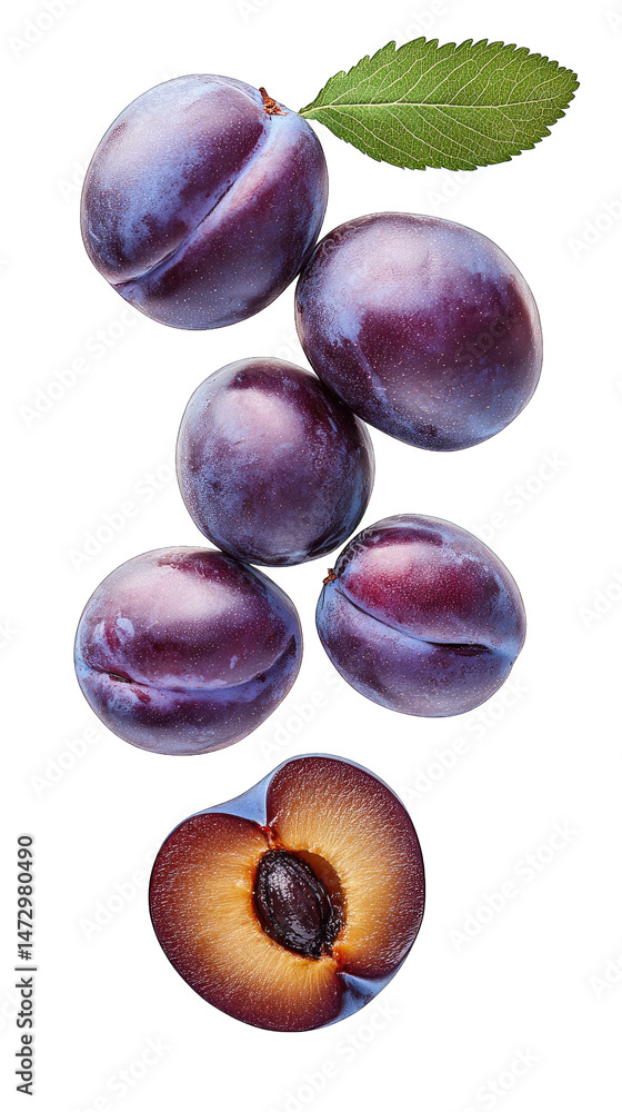 Obraz premium A Cluster Of Five Whole Ripe Plums With A Single Plum Cut In Half Revealing Its Juicy Flesh And Seed A Green Leaf Rests On Top Of The Cluster