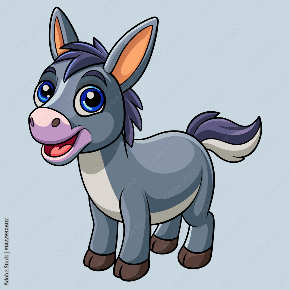 Obraz premium Cartoon Donkey: A charming cartoon donkey, exuding an endearing aura, strikes a friendly pose against a light blue backdrop, inviting warmth and smiles.