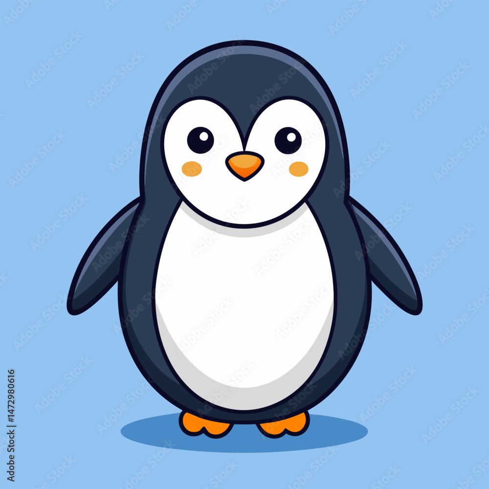 Fototapeta premium Playful Penguin's Pose: An adorable penguin illustration with its distinctive black and white plumage stands out on a vibrant blue background, exuding cuteness and charm.