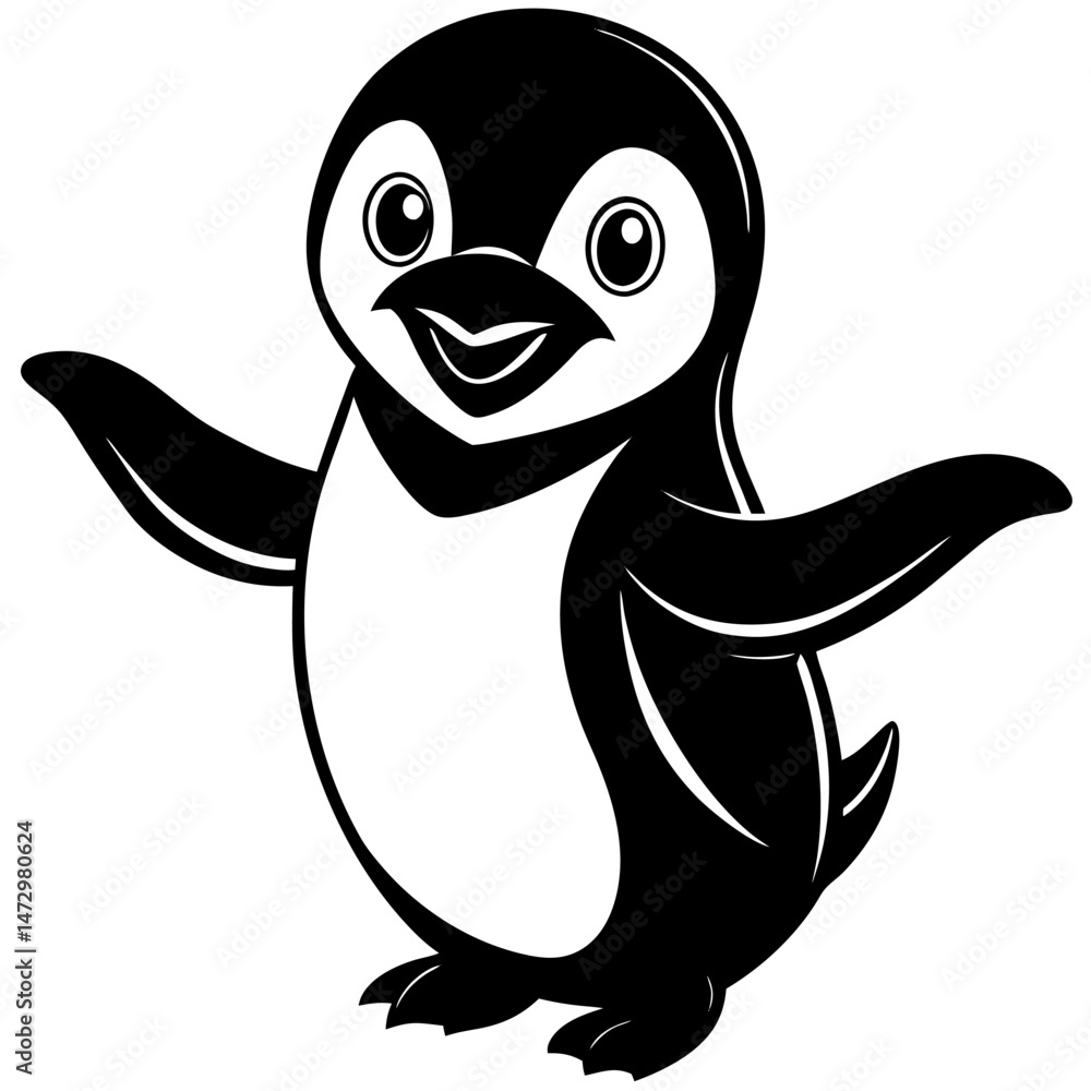 Fototapeta premium Cute Penguin's Outspread Wings: An adorable penguin with a cheerful expression, presenting its wings in a charming illustration, perfect for playful themes and designs.