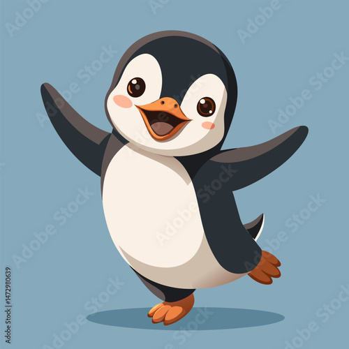 Cheerful Penguin’s Embrace: An adorable penguin, joyfully extending its wings in a vibrant illustration, emanating pure happiness.