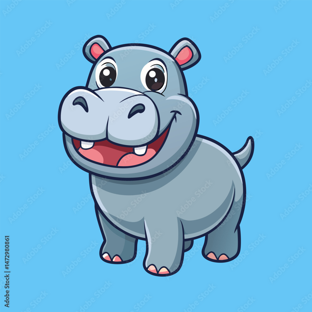 Naklejka premium Happy Hippo: A cheerful cartoon hippo, smiles brightly, exuding joy and happiness against a vibrant blue backdrop.