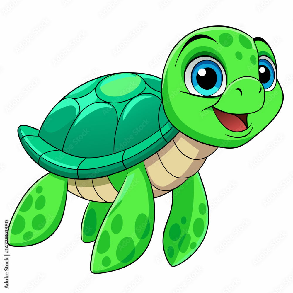Fototapeta premium Smiling Turtle: A vibrant and whimsical cartoon illustration of a smiling sea turtle, exuding joy and playful charm.
