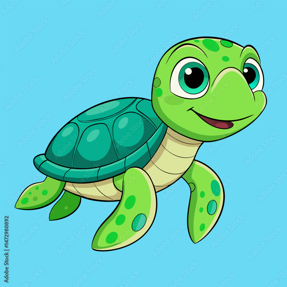Fototapeta premium Playful Sea Turtle: A charming cartoon sea turtle with vibrant green and turquoise hues, embodies the serene and gentle nature of marine life. With a cheerful smile and expressive eyes.