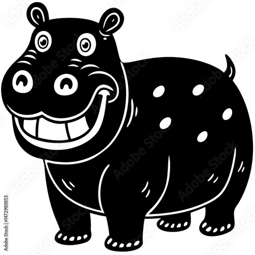 Smiling Hippo Illustration: A friendly cartoon hippo with a wide grin and playful eyes, its black silhouette against a white background evokes a sense of joy and lightheartedness.