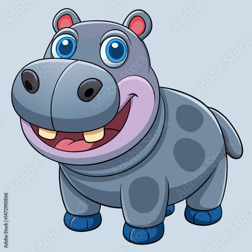 Cheerful Hippopotamus Illustration: A charming cartoon hippopotamus radiates joy with a broad grin and friendly eyes, ready to bring a sense of whimsy and happiness.