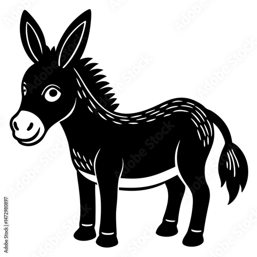 Gentle Donkey Illustration: A charming cartoon donkey stands out, its silhouette showcasing the animal's endearing features and unique personality, presented in a simple, eye-catching design.