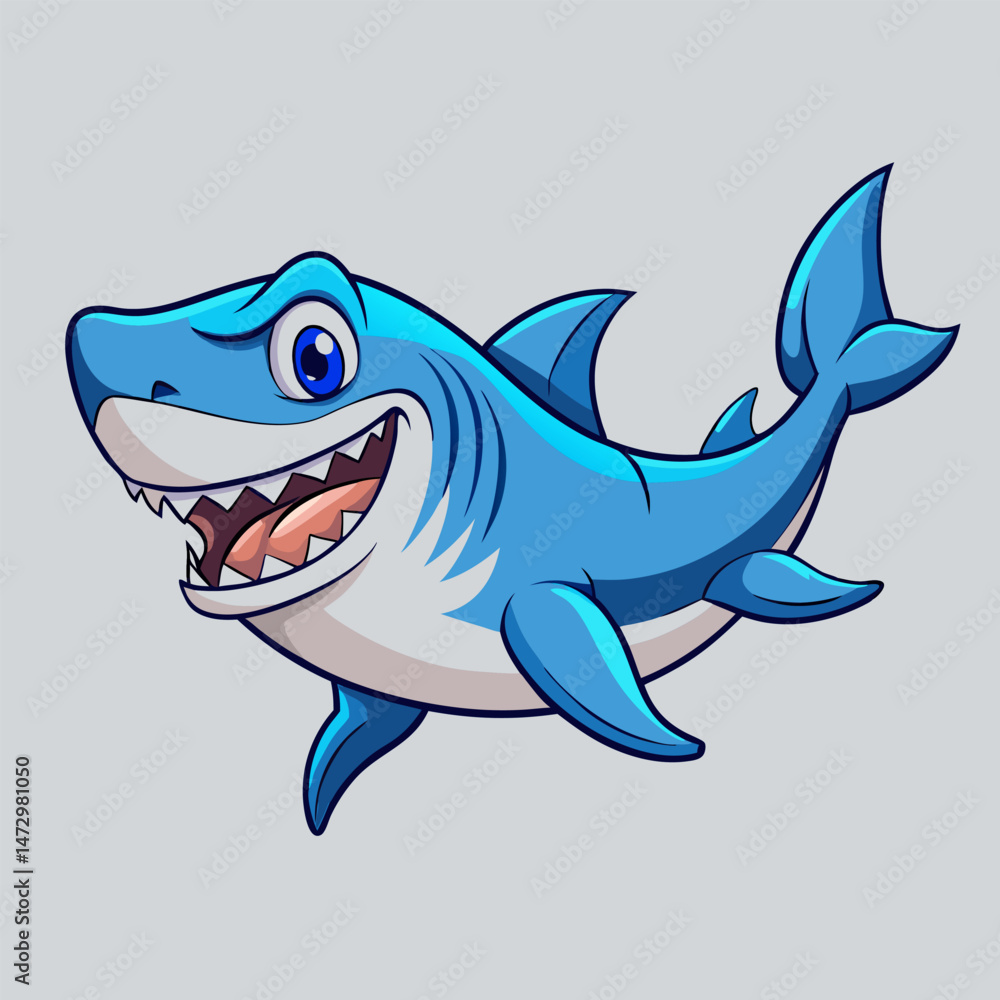 Obraz premium Friendly Shark Cartoon: A cheerful cartoon shark with big teeth, a wide grin, and expressive eyes, swimming with enthusiasm.