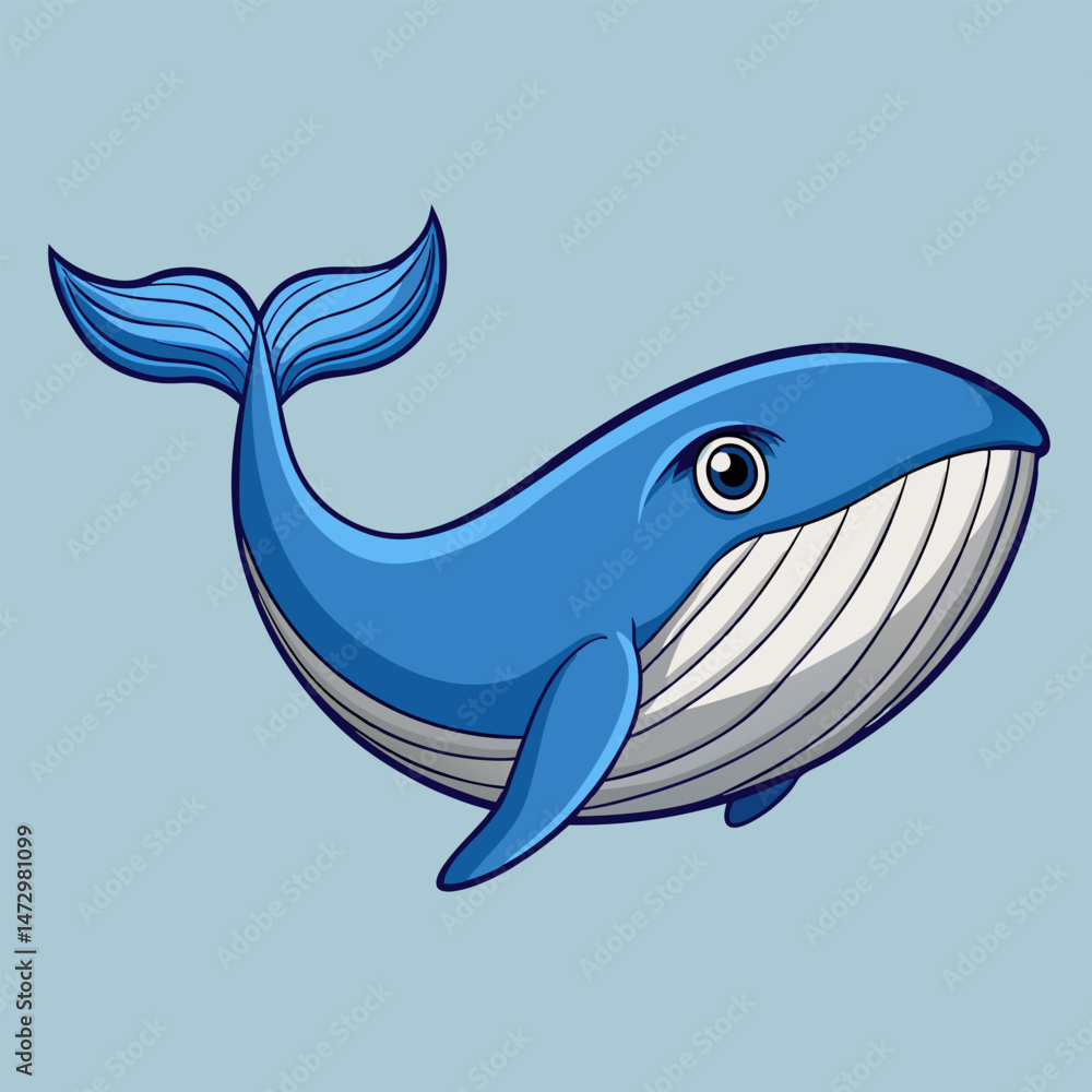 Fototapeta premium Whale in the Ocean: A cheerful whale illustration on a bright, tranquil sea, capturing the essence of marine life and oceanic wonder.